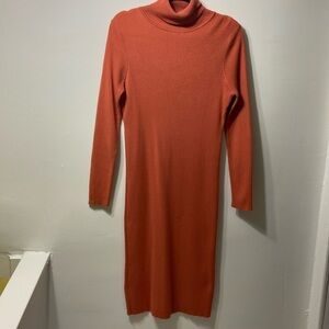ORANGE RIBBED TURTLE NECK LONG SLEEVE MIDI DRESS.SIZE-XXL